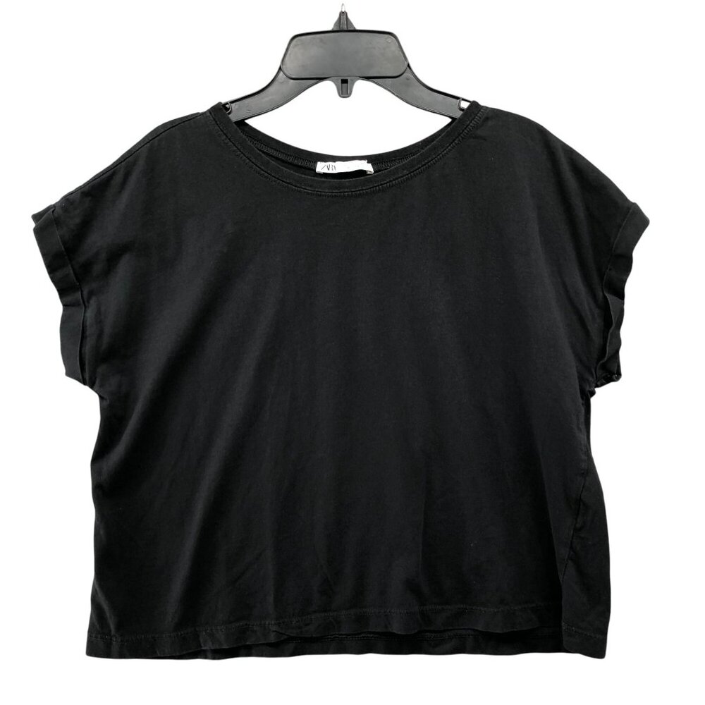 Zara Cropped  T Shirt Womens S‎ Black Crewneck Short Sleeve